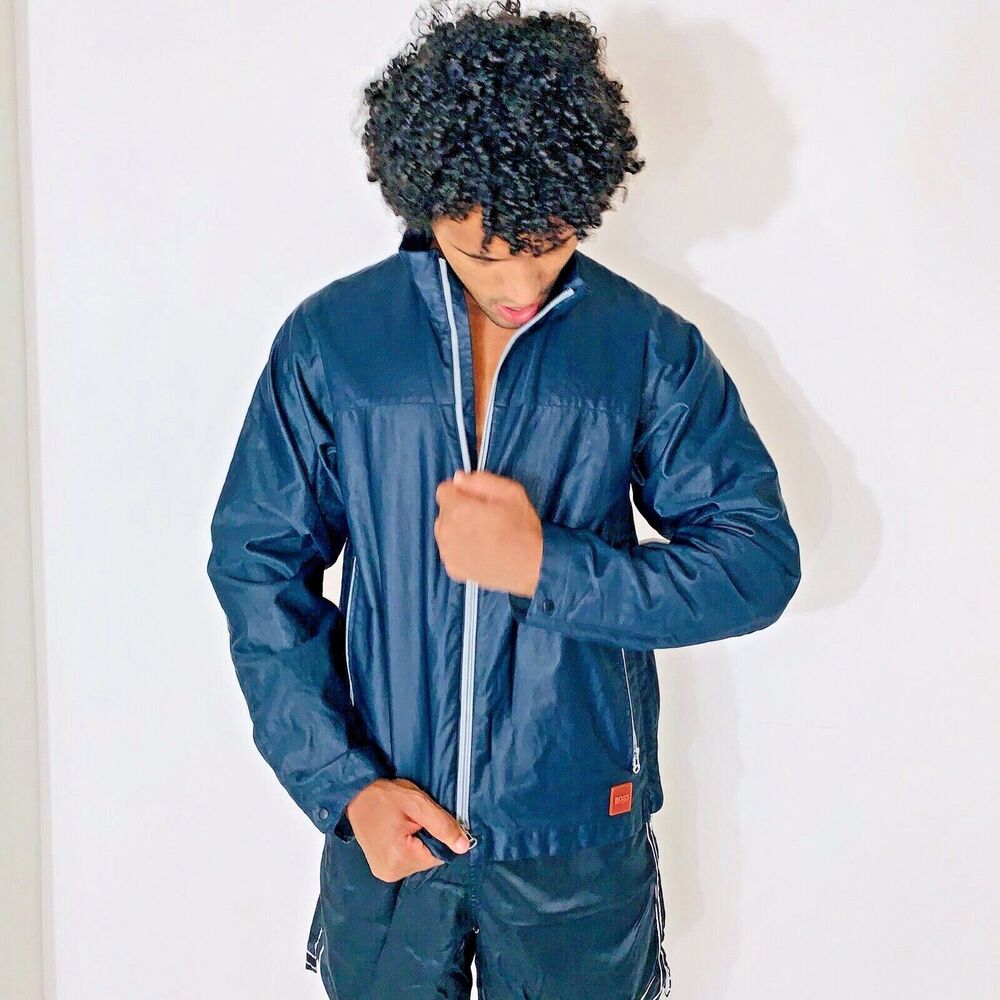 Hugo Boss Vintage Mens Nylon Windbreaker Bomber Jacket Black Medium